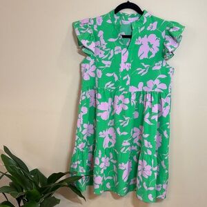 Vibrant Green and Pink Floral Dress, Ladies Medium